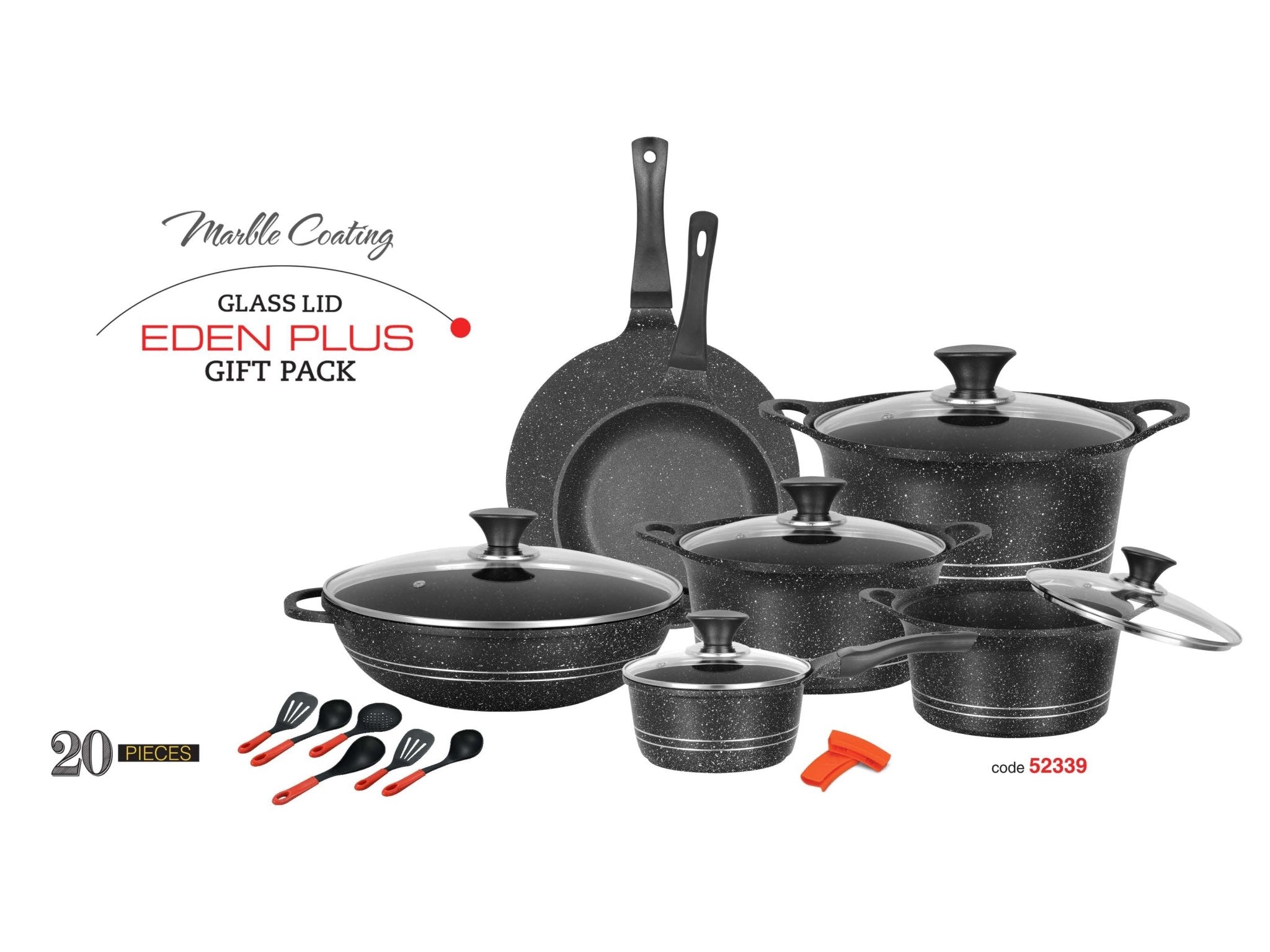 Sonex EDEN PLUS 20-Piece Marble Coating Cookware Set with Glass Lids | Non-Stick Pots & Pans | Black Gift Pack