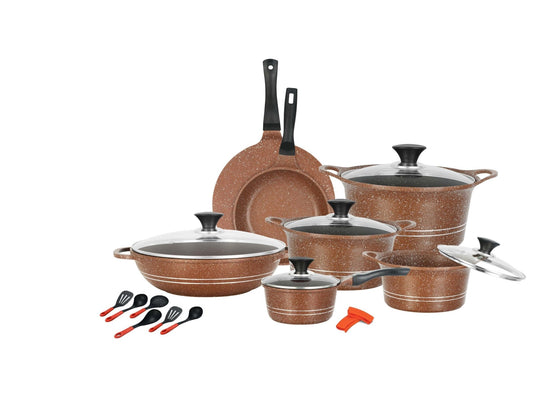 Sonex EDEN PLUS 20-Piece Marble Coating Cookware Set with Glass Lids | Non-Stick Pots & Pans | Brown Gift Pack