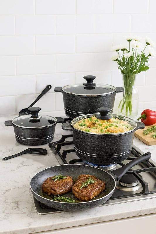 Sonex Omega Junior Marble Coating Cookware Set with Glass Lids | Non-Stick Pots & Fry Pan Set | Induction Compatible |Grey Color | Kitchen Cookware Gift Set