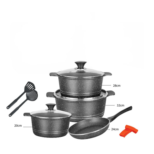 Sonex Omega Junior Marble Coating Cookware Set with Glass Lids | Non-Stick Pots & Fry Pan Set | Induction Compatible |Grey Color | Kitchen Cookware Gift Set