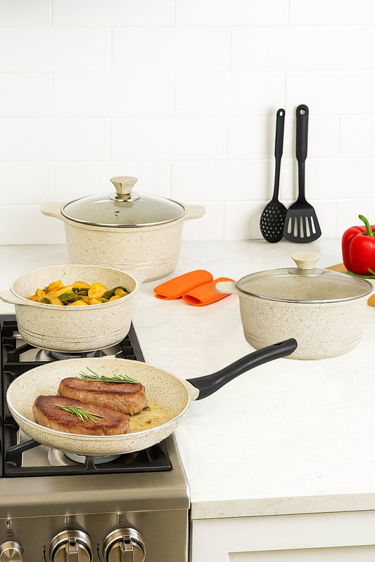 Sonex Omega Junior Marble Coating Cookware Set with Glass Lids | Non-Stick Pots & Fry Pan Set | Induction Compatible | White Color | Kitchen Cookware Gift Set
