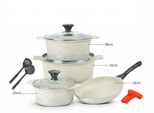 Sonex Omega Junior Marble Coating Cookware Set with Glass Lids | Non-Stick Pots & Fry Pan Set | Induction Compatible | White Color | Kitchen Cookware Gift Set