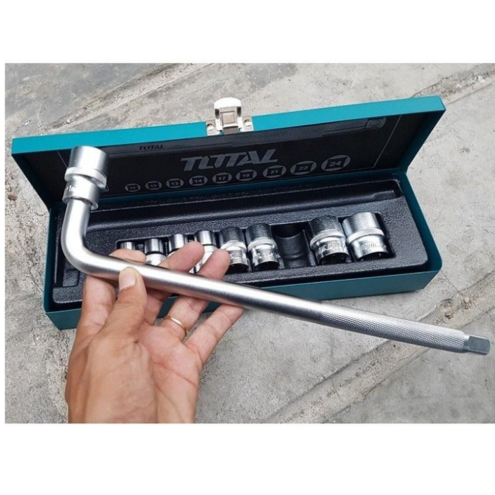 TOTAL 10PCS 1/2 Inch Drive Socket Set, Cr-V Steel, L-Type Handle 300mm, Metric Sockets 10–24mm, Heavy Duty Tool Set