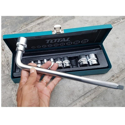 TOTAL 10PCS 1/2 Inch Drive Socket Set, Cr-V Steel, L-Type Handle 300mm, Metric Sockets 10–24mm, Heavy Duty Tool Set