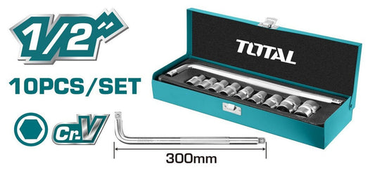 TOTAL 10PCS 1/2 Inch Drive Socket Set, Cr-V Steel, L-Type Handle 300mm, Metric Sockets 10–24mm, Heavy Duty Tool Set