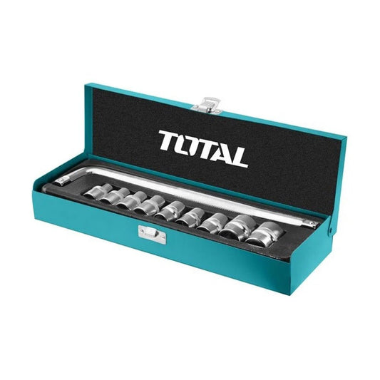 TOTAL 10PCS 1/2 Inch Drive Socket Set, Cr-V Steel, L-Type Handle 300mm, Metric Sockets 10–24mm, Heavy Duty Tool Set