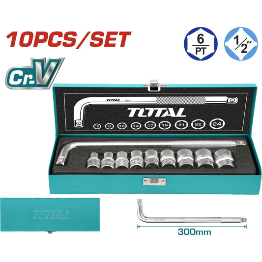 TOTAL 10PCS 1/2 Inch Drive Socket Set, Cr-V Steel, L-Type Handle 300mm, Metric Sockets 10–24mm, Heavy Duty Tool Set