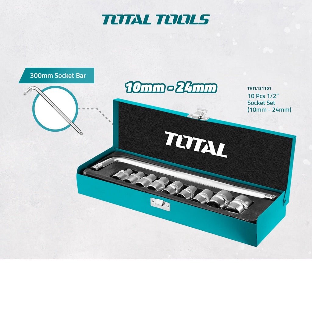 TOTAL 10PCS 1/2 Inch Drive Socket Set, Cr-V Steel, L-Type Handle 300mm, Metric Sockets 10–24mm, Heavy Duty Tool Set
