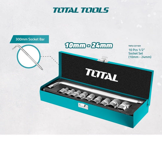 TOTAL 10PCS 1/2 Inch Drive Socket Set, Cr-V Steel, L-Type Handle 300mm, Metric Sockets 10–24mm, Heavy Duty Tool Set