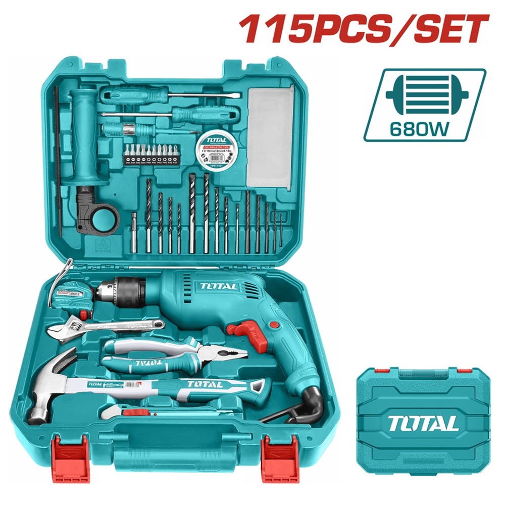 TOTAL 115 Pcs Tool Kit with 680W Corded Impact Drill, 13mm Key Chuck, Complete Hand Tools & Accessories Set, Heavy Duty Carry Case