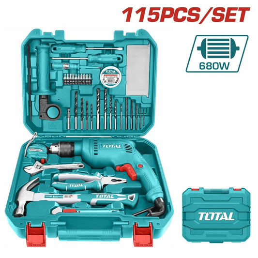 TOTAL 115 Pcs Tool Kit with 680W Corded Impact Drill, 13mm Key Chuck, Complete Hand Tools & Accessories Set, Heavy Duty Carry Case