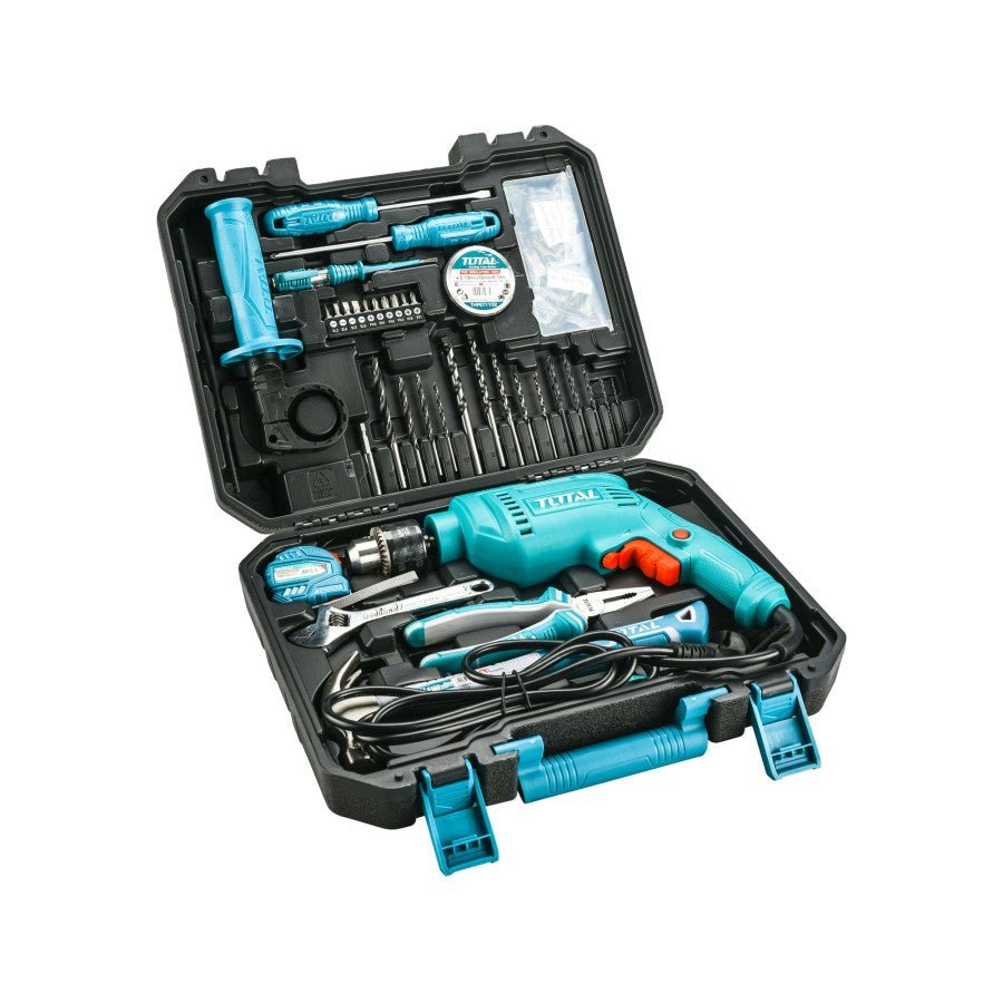 TOTAL 115 Pcs Tool Kit with 680W Corded Impact Drill, 13mm Key Chuck, Complete Hand Tools & Accessories Set, Heavy Duty Carry Case