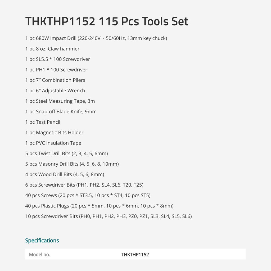 TOTAL 115 Pcs Tool Kit with 680W Corded Impact Drill, 13mm Key Chuck, Complete Hand Tools & Accessories Set, Heavy Duty Carry Case