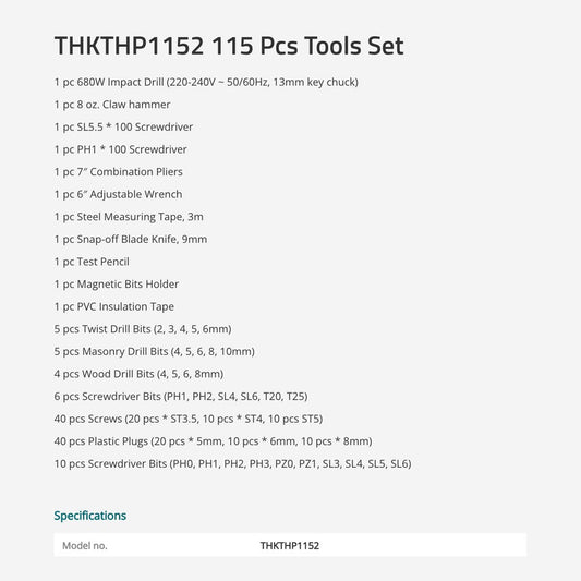 TOTAL 115 Pcs Tool Kit with 680W Corded Impact Drill, 13mm Key Chuck, Complete Hand Tools & Accessories Set, Heavy Duty Carry Case