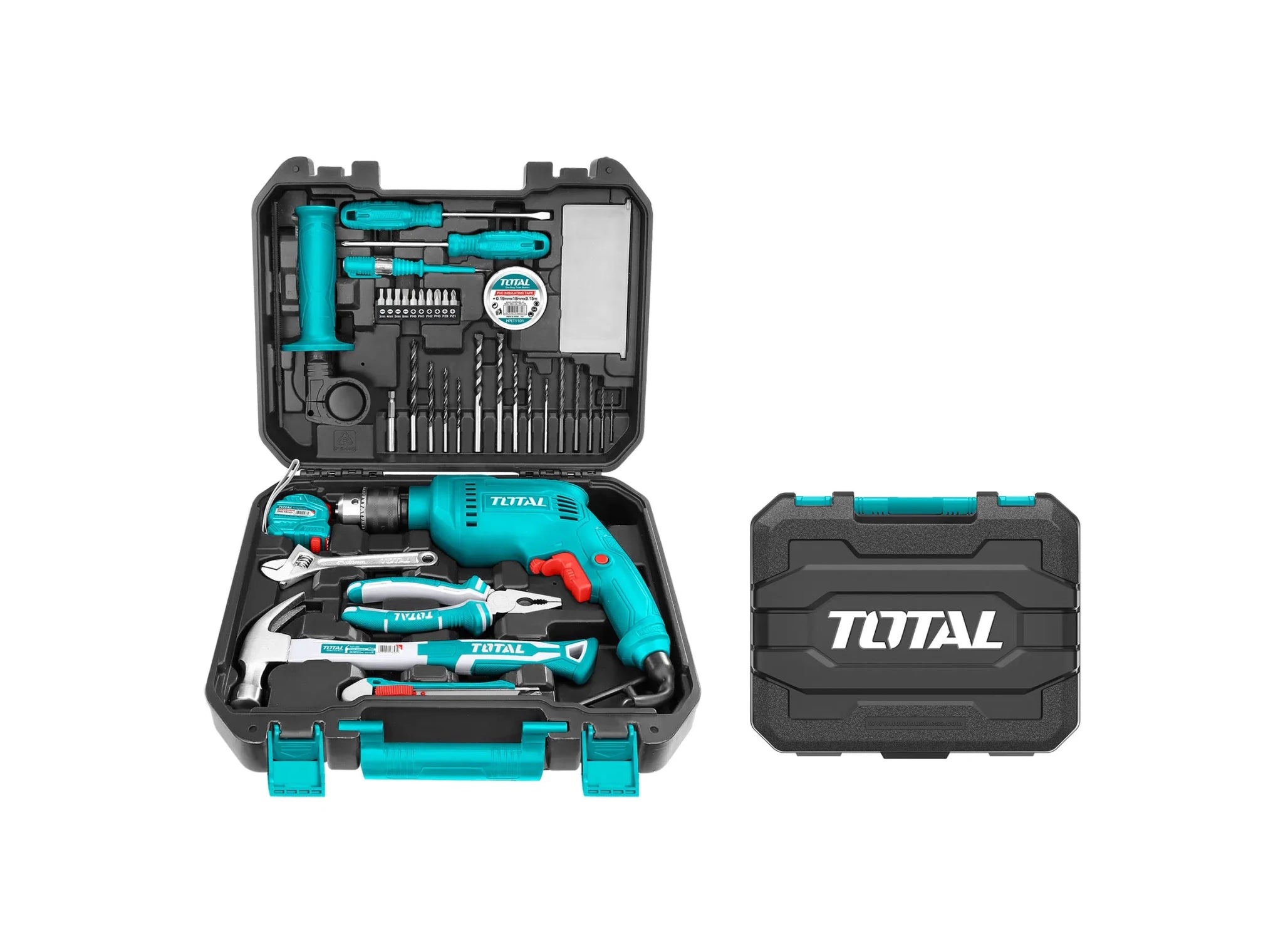 TOTAL 115 Pcs Tool Kit with 680W Corded Impact Drill, 13mm Key Chuck, Complete Hand Tools & Accessories Set, Heavy Duty Carry Case