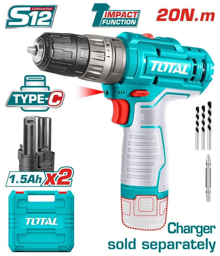 TOTAL TIDLI12202 Cordless Impact Drill 12V – 20Nm, 2 x 1.5Ah Batteries, USB Type-C Charging, 10mm Keyless Chuck