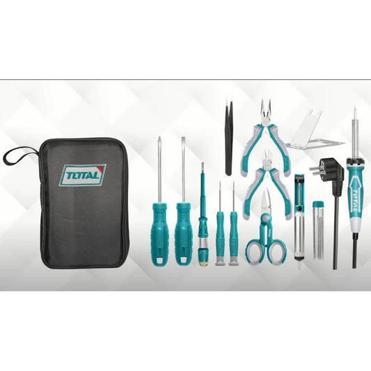 TOTAL 13 Pcs Telecom Tools Set, Electrician & Electronics Repair Tool Kit with Soldering Iron, Precision Screwdrivers & Pliers, Canvas Bag