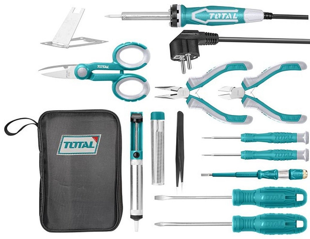 TOTAL 13 Pcs Telecom Tools Set, Electrician & Electronics Repair Tool Kit with Soldering Iron, Precision Screwdrivers & Pliers, Canvas Bag