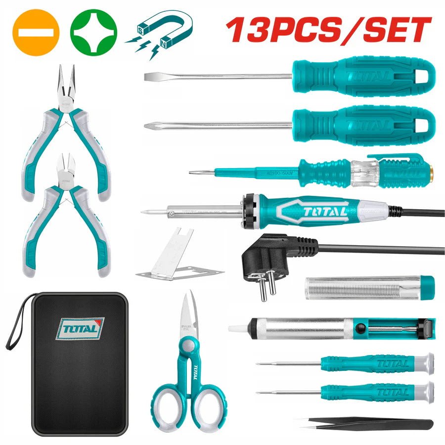 TOTAL 13 Pcs Telecom Tools Set, Electrician & Electronics Repair Tool Kit with Soldering Iron, Precision Screwdrivers & Pliers, Canvas Bag