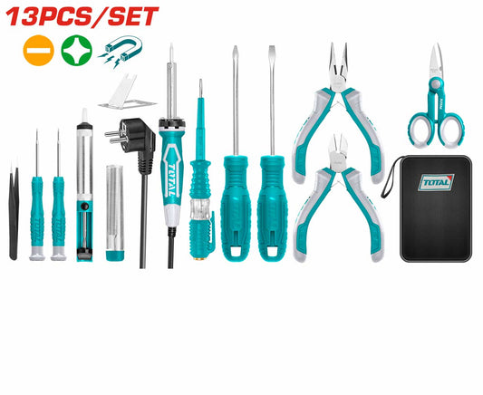 TOTAL 13 Pcs Telecom Tools Set, Electrician & Electronics Repair Tool Kit with Soldering Iron, Precision Screwdrivers & Pliers, Canvas Bag