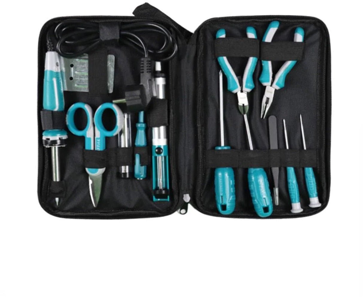 TOTAL 13 Pcs Telecom Tools Set, Electrician & Electronics Repair Tool Kit with Soldering Iron, Precision Screwdrivers & Pliers, Canvas Bag