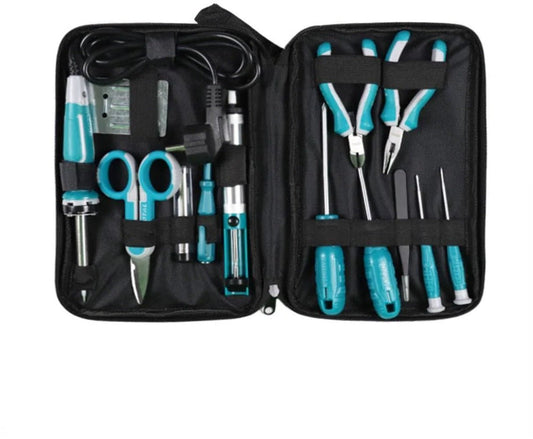 TOTAL 13 Pcs Telecom Tools Set, Electrician & Electronics Repair Tool Kit with Soldering Iron, Precision Screwdrivers & Pliers, Canvas Bag
