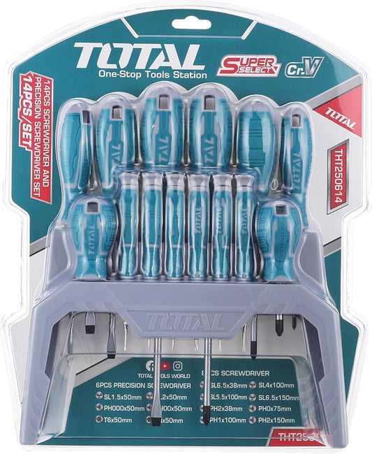 TOTAL 14 Pcs Screwdriver & Precision Screwdriver Set, CR-V Steel Round Blade, New Ergonomic Handle Design, With Plastic Frame