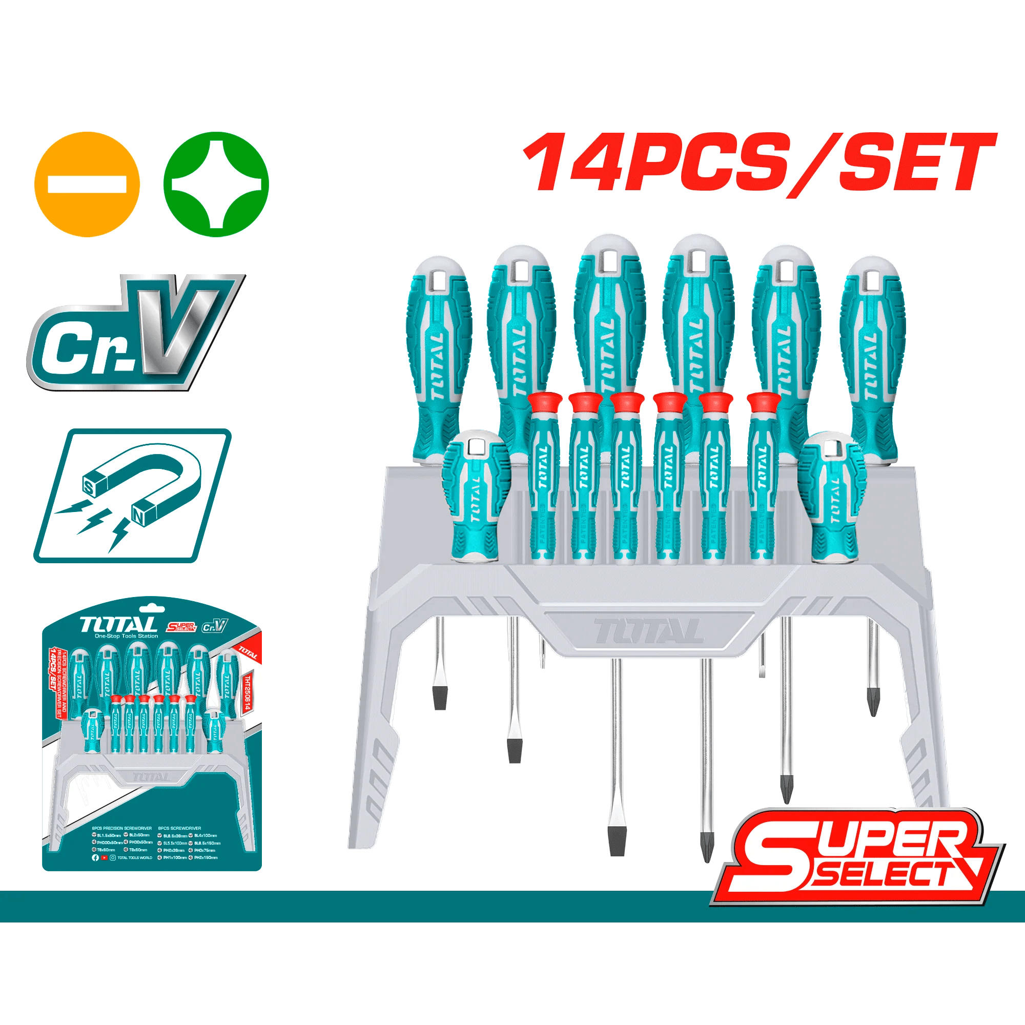 TOTAL 14 Pcs Screwdriver & Precision Screwdriver Set, CR-V Steel Round Blade, New Ergonomic Handle Design, With Plastic Frame
