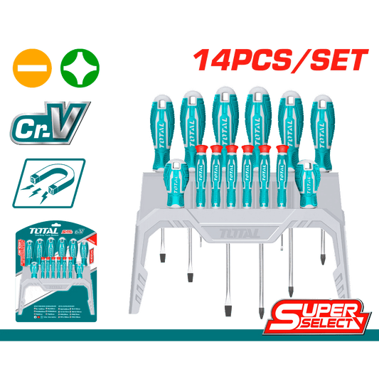 TOTAL 14 Pcs Screwdriver & Precision Screwdriver Set, CR-V Steel Round Blade, New Ergonomic Handle Design, With Plastic Frame