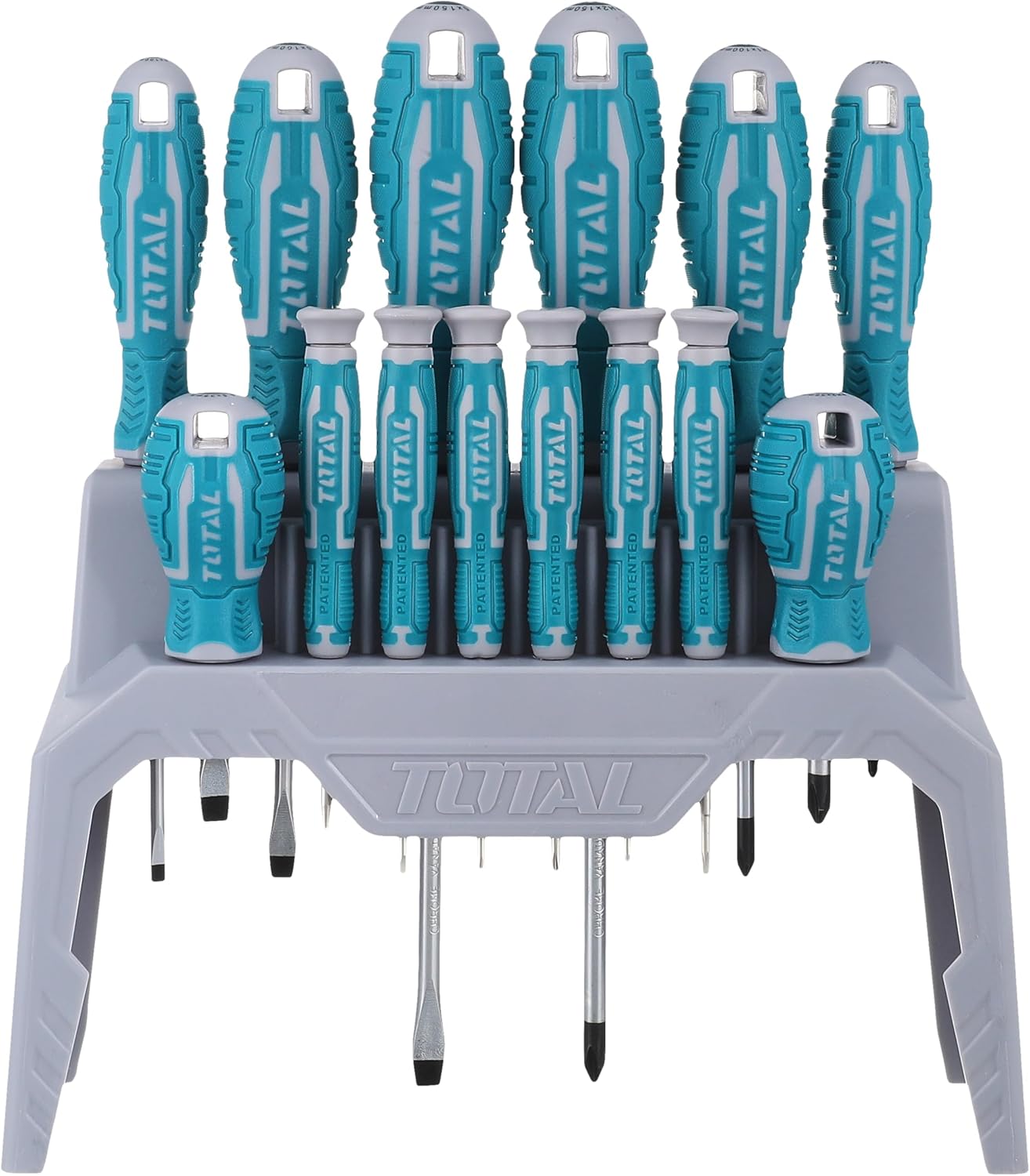 TOTAL 14 Pcs Screwdriver & Precision Screwdriver Set, CR-V Steel Round Blade, New Ergonomic Handle Design, With Plastic Frame