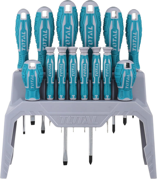 TOTAL 14 Pcs Screwdriver & Precision Screwdriver Set, CR-V Steel Round Blade, New Ergonomic Handle Design, With Plastic Frame