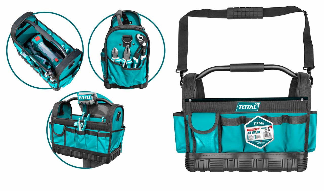 TOTAL 16" Open Tote Tool Bag, 600D Polyester, Multiple Pockets