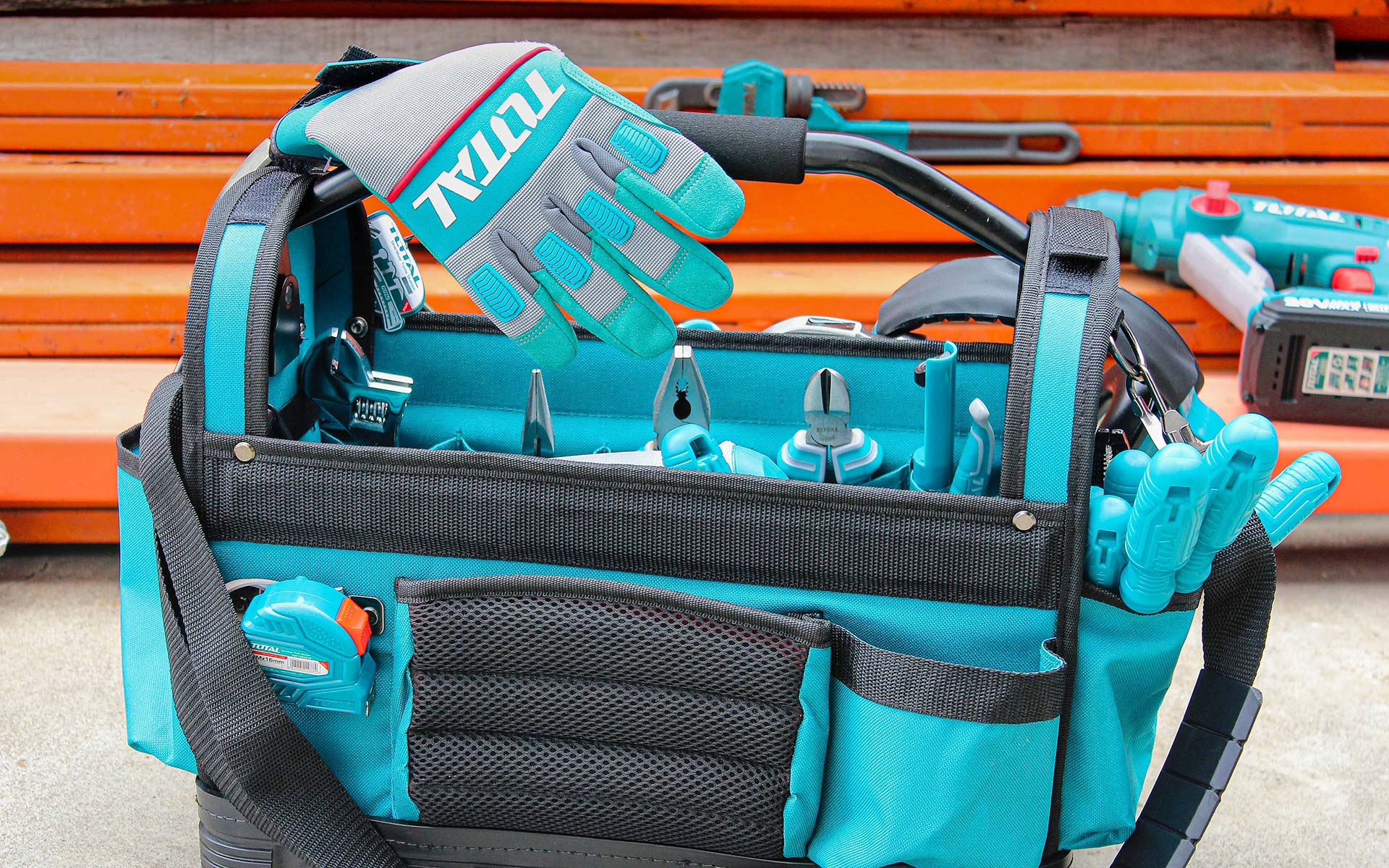TOTAL 16" Open Tote Tool Bag, 600D Polyester, Multiple Pockets