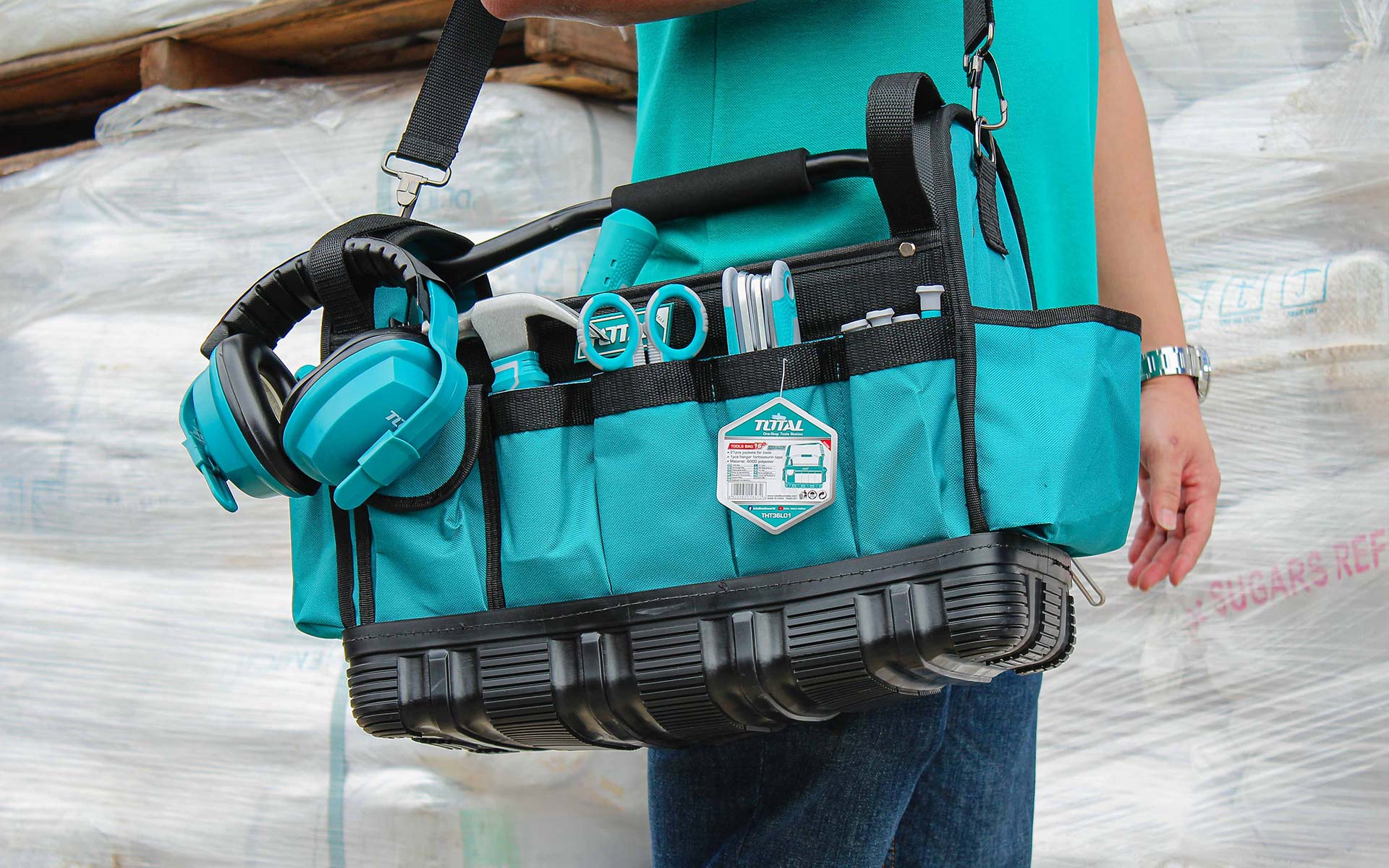 TOTAL 16" Open Tote Tool Bag, 600D Polyester, Multiple Pockets