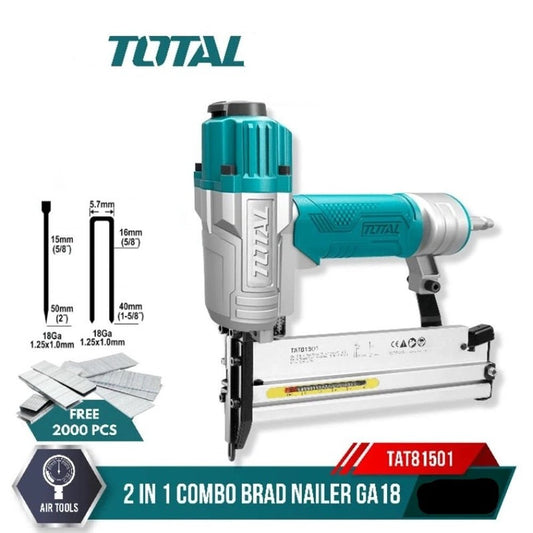 TOTAL TAT81501 2-in-1 Pneumatic Brad Nailer & Stapler – 18GA Air Nailer, 15-50mm Brad Nails & 16-40mm Staples, 100-Piece Magazine Capacity