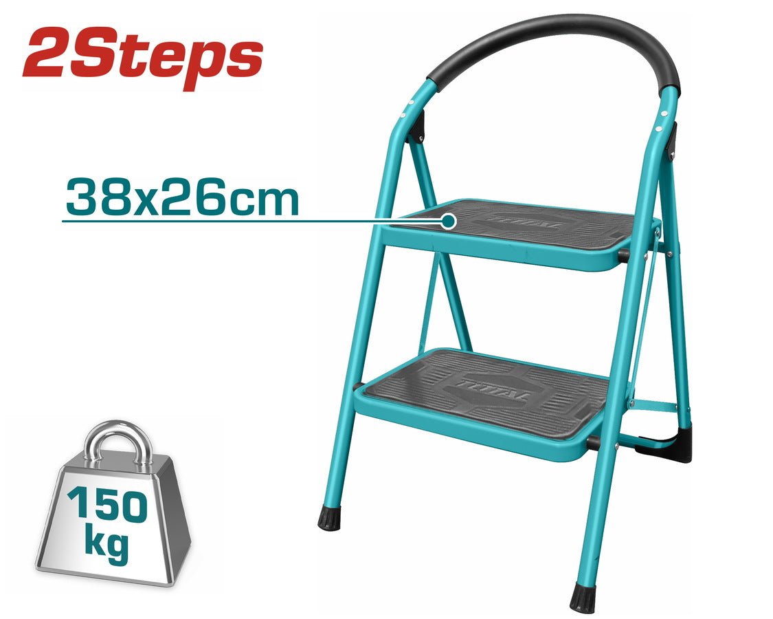 TOTAL THLAD09021 2-Step Steel Ladder – Heavy Duty Foldable Step Ladder, 150kg Load Capacity, Anti-Slip Wide Steps