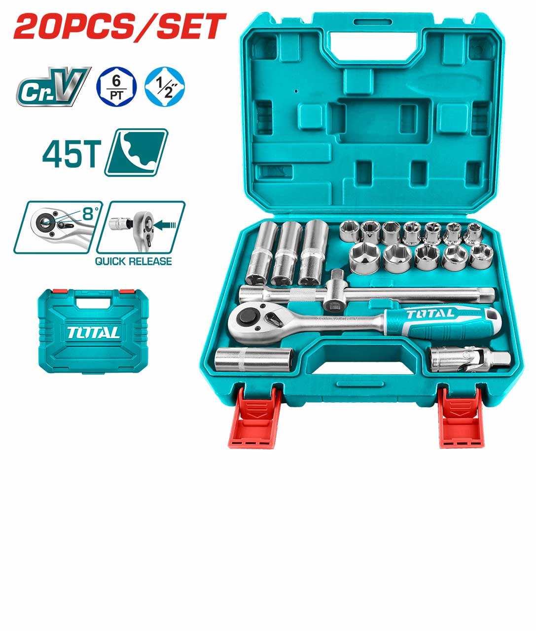 TOTAL 20 Pcs 1/2" Drive Socket Set CR-V Steel, Ratchet Handle 45T, Deep & Spark Plug Sockets, Heavy-Duty Tool Kit