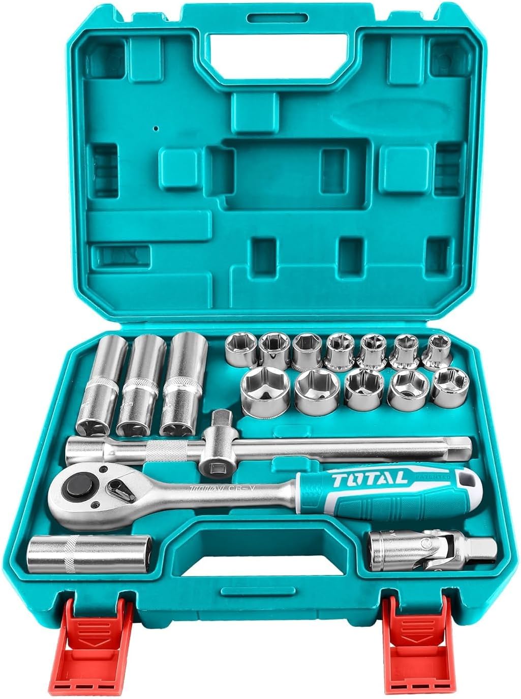TOTAL 20 Pcs 1/2" Drive Socket Set CR-V Steel, Ratchet Handle 45T, Deep & Spark Plug Sockets, Heavy-Duty Tool Kit