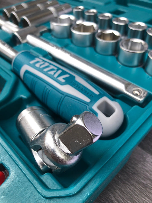 TOTAL 20 Pcs 1/2" Drive Socket Set CR-V Steel, Ratchet Handle 45T, Deep & Spark Plug Sockets, Heavy-Duty Tool Kit