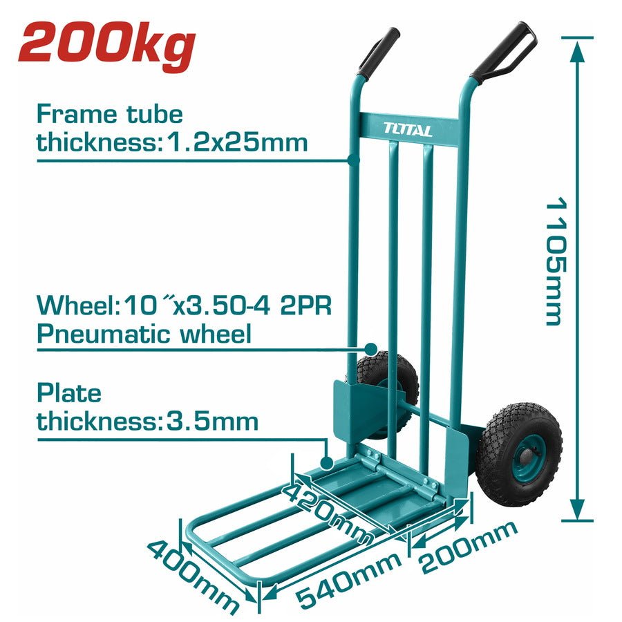 TOTAL THTHT20771 Heavy Duty Hand Trolley 200kg – Pneumatic Wheels, Foldable Loading Plate & Steel Frame