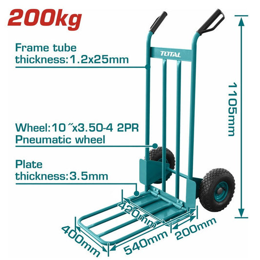 TOTAL THTHT20771 Heavy Duty Hand Trolley 200kg – Pneumatic Wheels, Foldable Loading Plate & Steel Frame