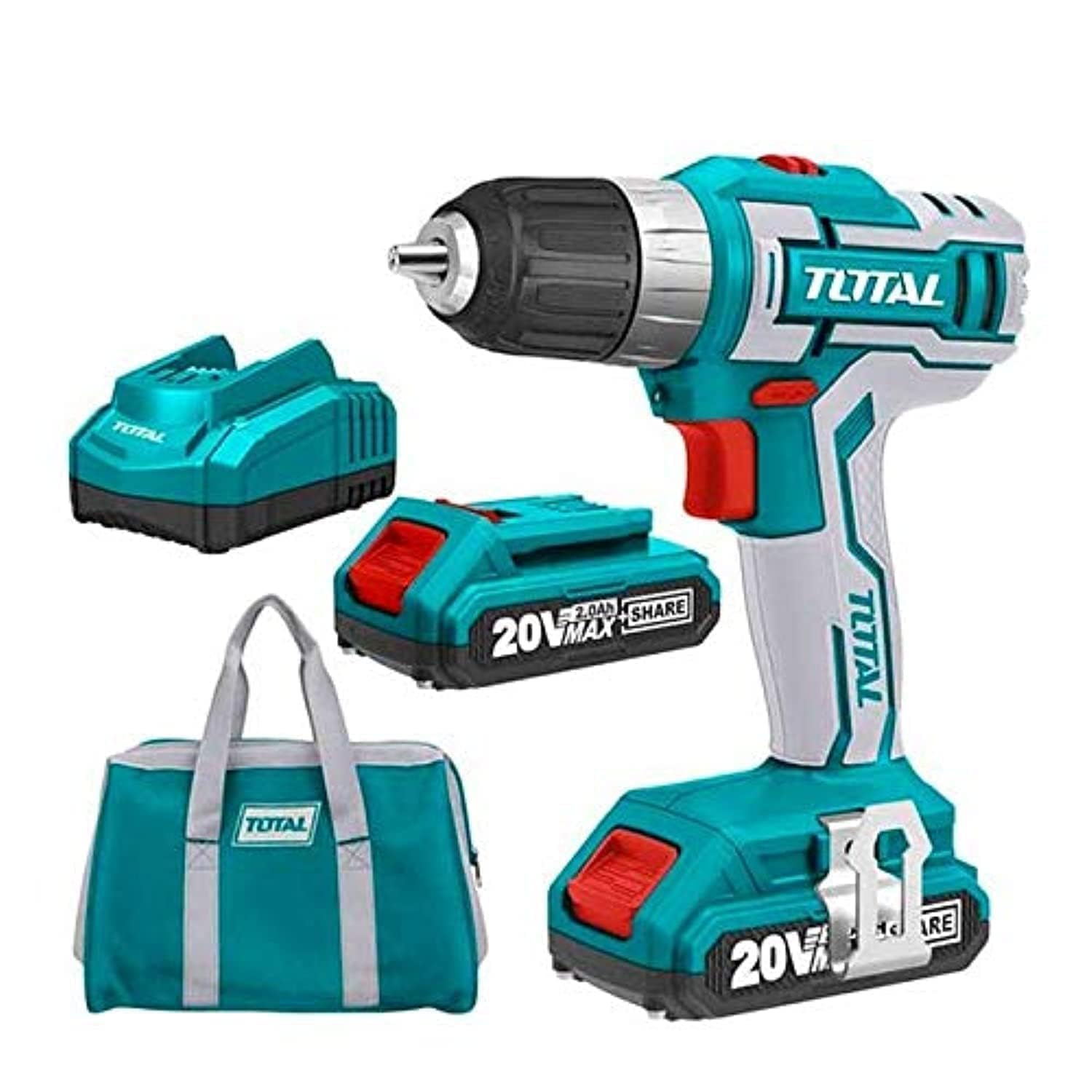 TOTAL TDLI20028 Cordless Drill Driver 20V – 45Nm, 2 x 2.0Ah Batteries, Fast Charger & Carrying Case