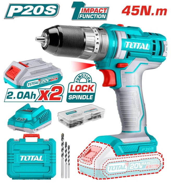 TOTAL TDLI20453 Cordless Brushless Drill Driver 20V – 52Nm, 2 x 2.0Ah Batteries, Charger & 47 Accessories Kit