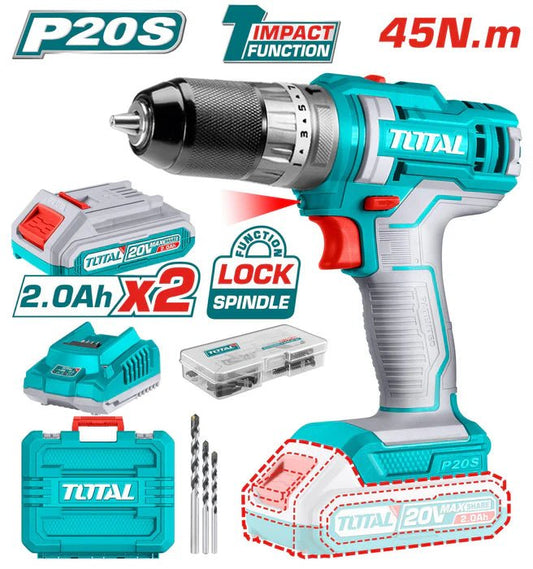 TOTAL TDLI20453 Cordless Brushless Drill Driver 20V – 52Nm, 2 x 2.0Ah Batteries, Charger & 47 Accessories Kit