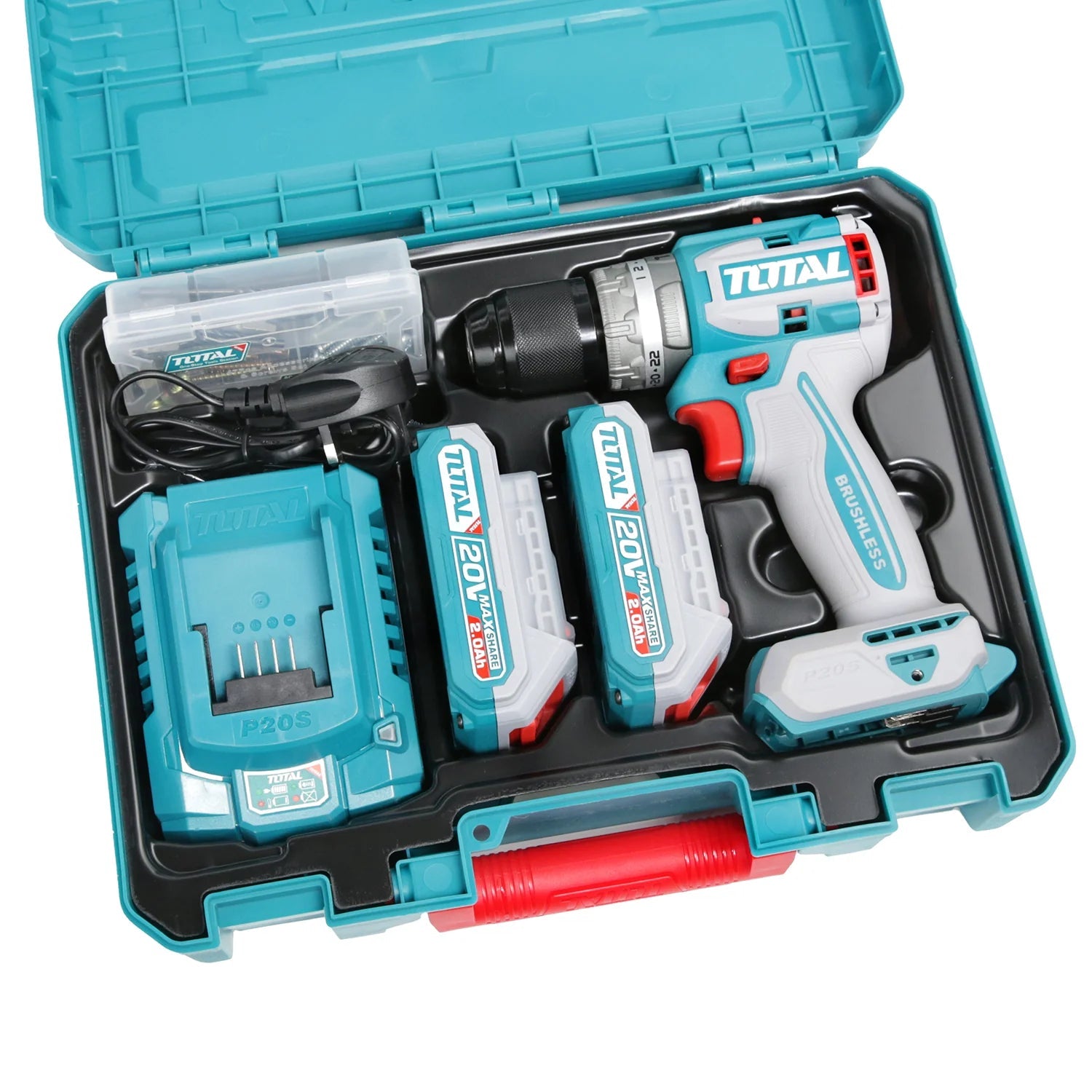 TOTAL TDLI20453 Cordless Brushless Drill Driver 20V – 52Nm, 2 x 2.0Ah Batteries, Charger & 47 Accessories Kit