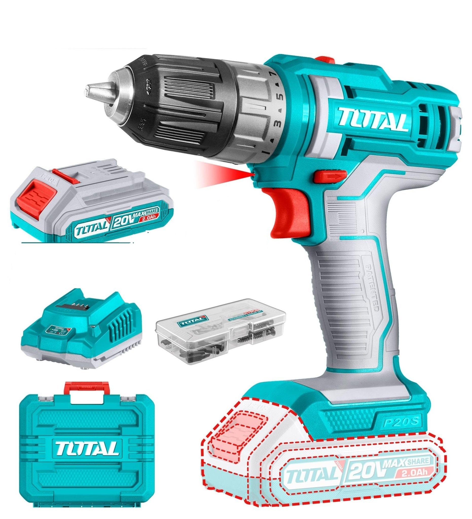 TOTAL TDLI200528 Cordless Drill Driver 20V – 45Nm, 2 x 2.0Ah Batteries, Charger & 47-Piece Accessory Kit