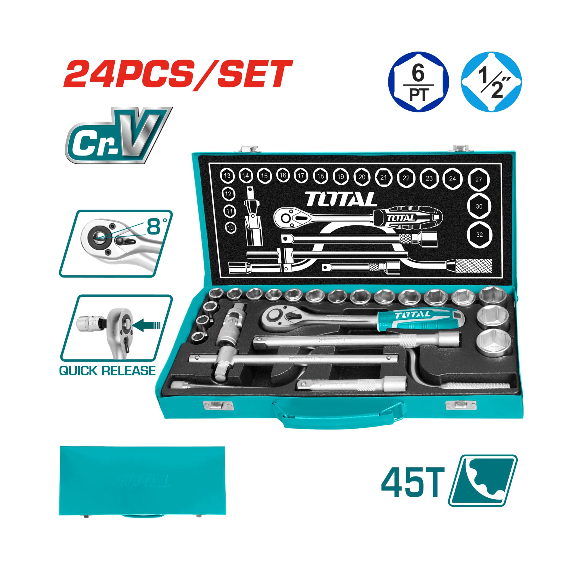 TOTAL 24 Pieces 1/2" Drive Socket Set