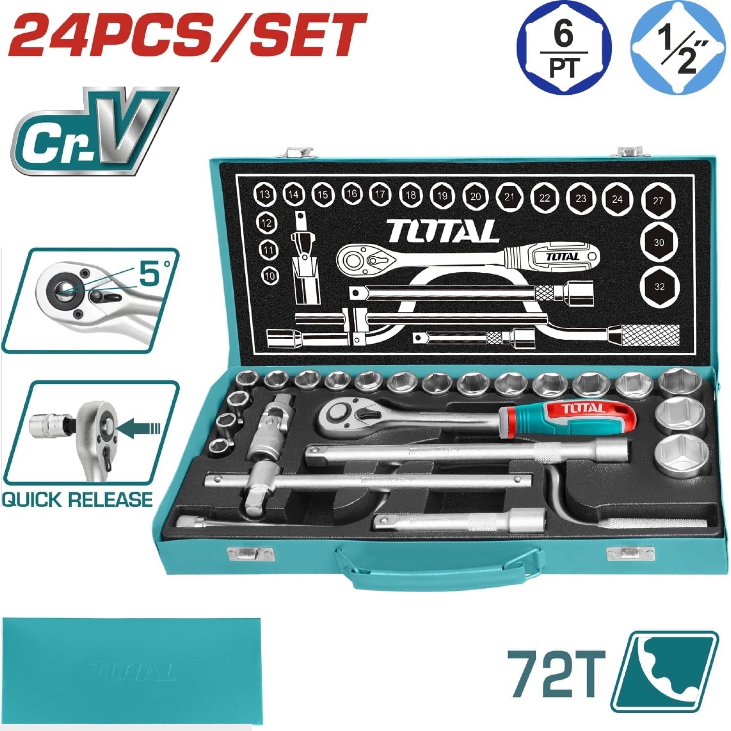 TOTAL 24Pcs 1/2″ Drive Socket Set, CR-V Steel, Ratchet 45T, Extension Bars