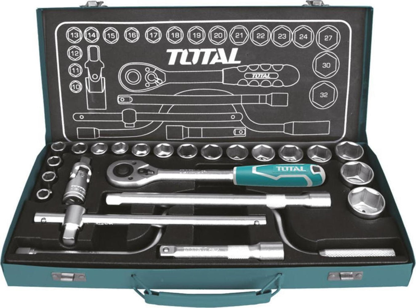TOTAL 24Pcs 1/2″ Drive Socket Set, CR-V Steel, Ratchet 45T, Extension Bars