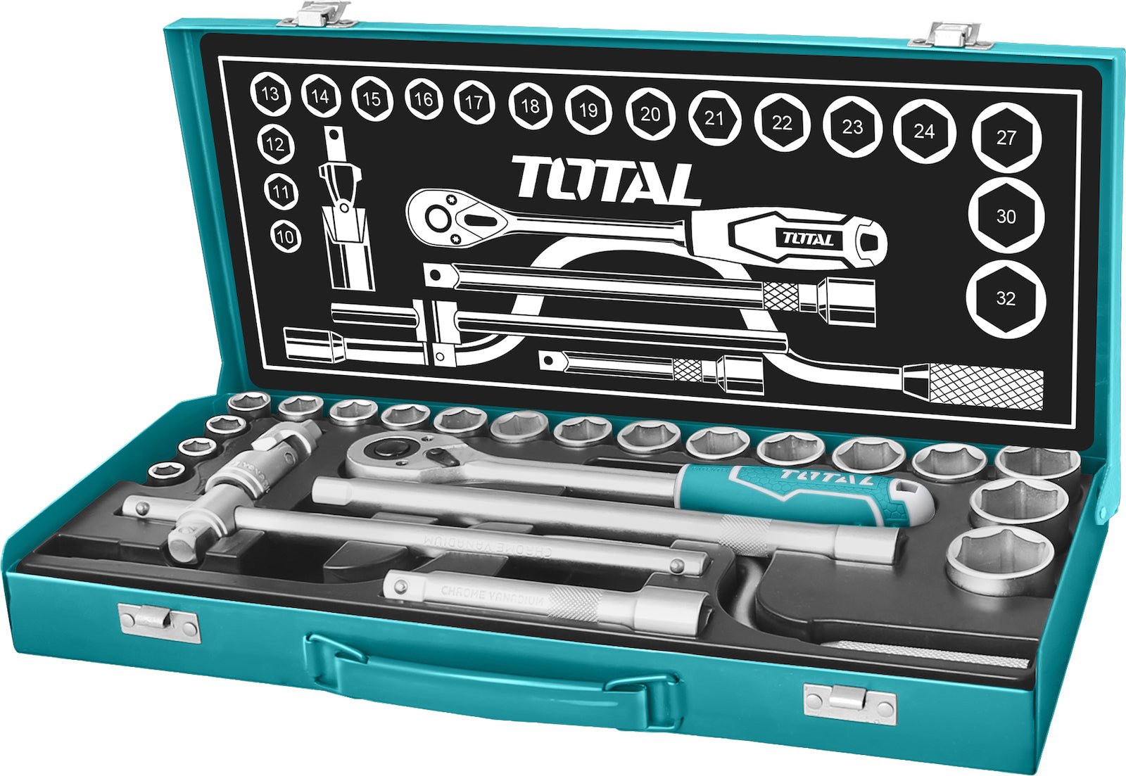TOTAL 24Pcs 1/2″ Drive Socket Set, CR-V Steel, Ratchet 45T, Extension Bars